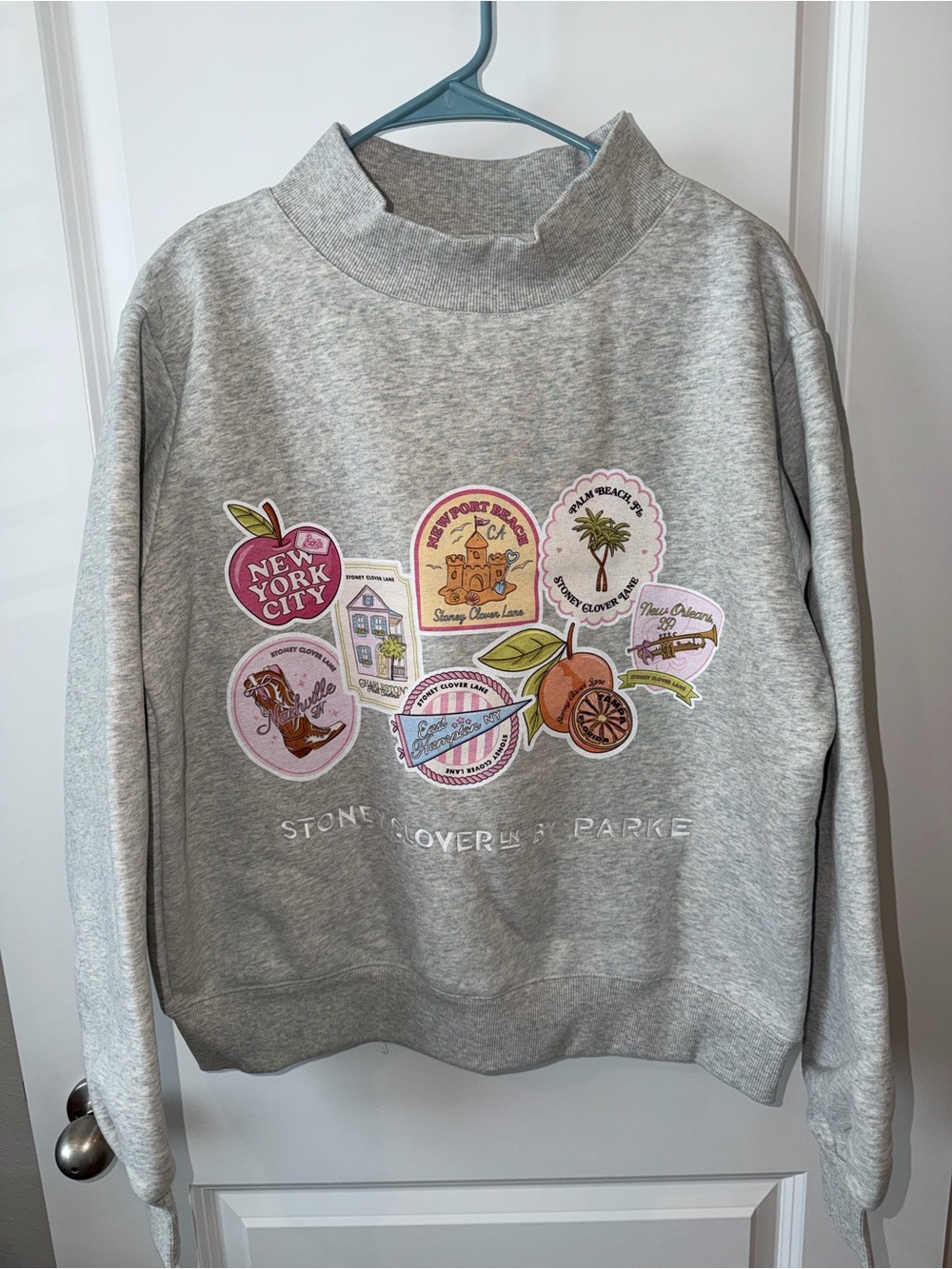 Authentic Parke x Stoney Clover Lane Sweatshirt Postage Patch Grey Mock Neck S L - Picture 8 of 11